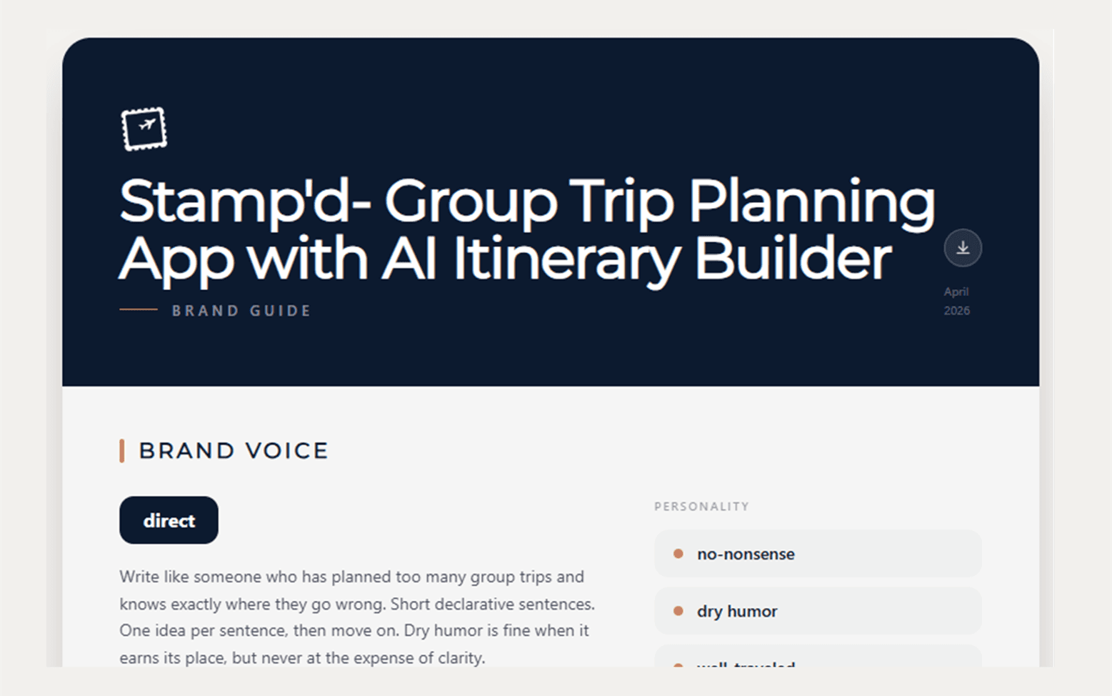 Branded brand guide cover with voice, personality, and word-choice lists