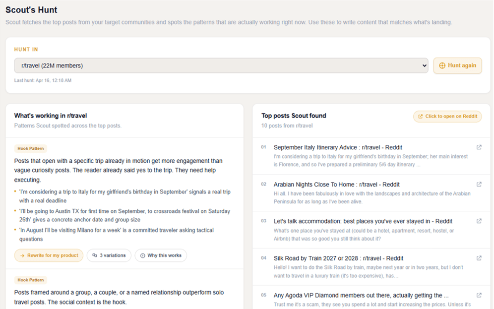 Scout's Hunt view showing live Reddit threads where users are asking for the founder's product, with draft-reply actions