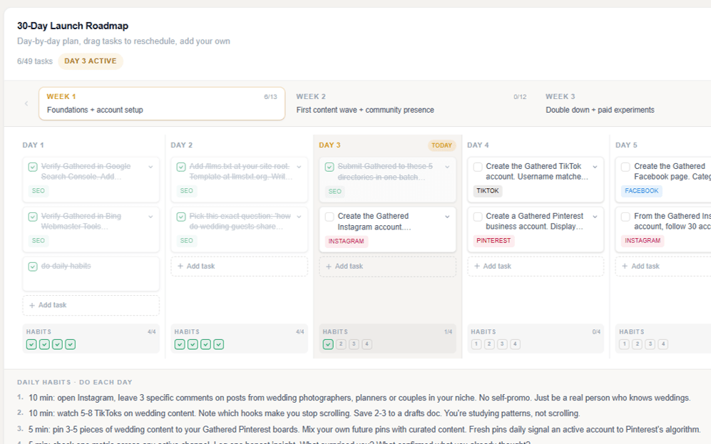 30-day launch roadmap with Week 1 Day 1 daily habits and today's setup tasks