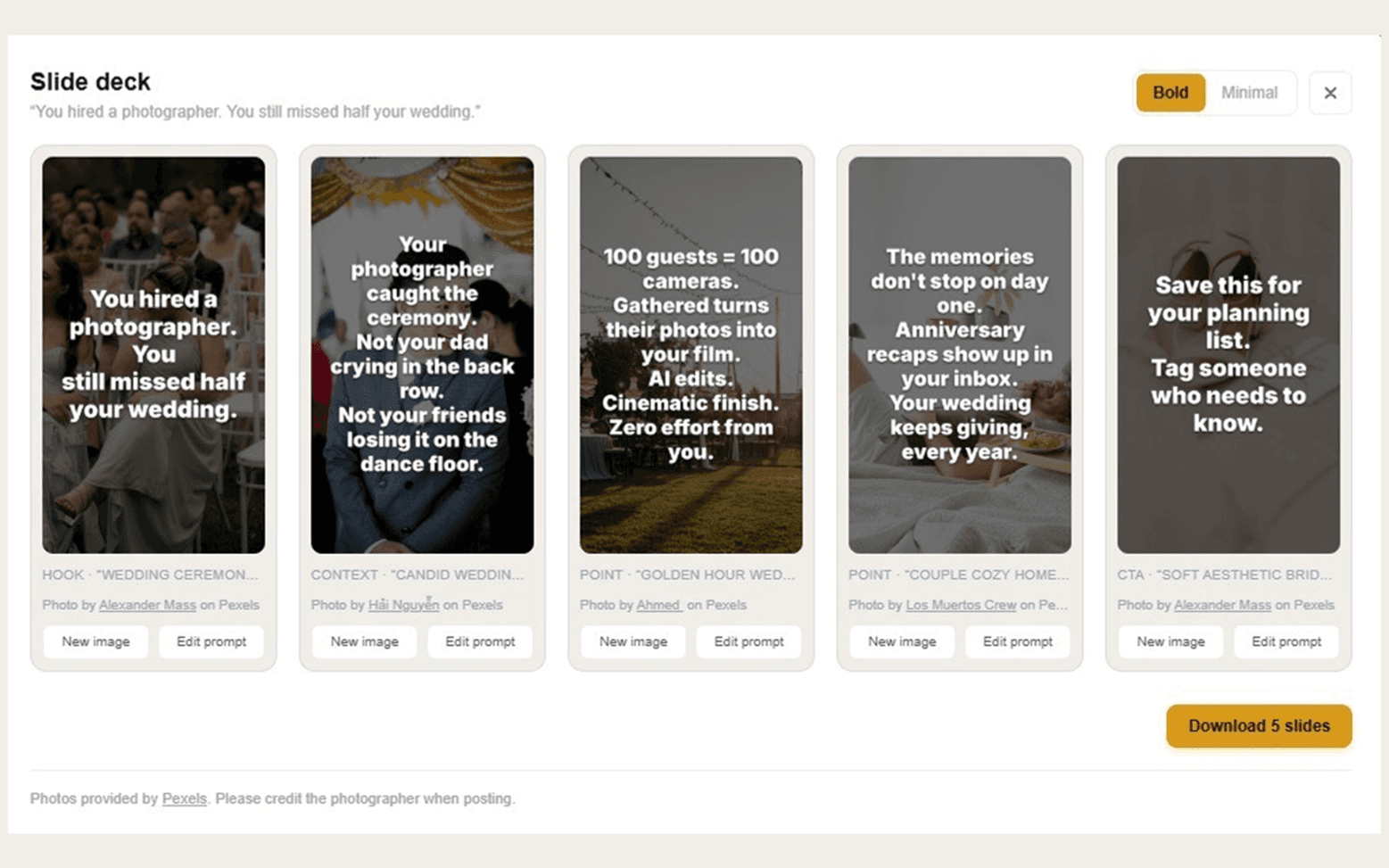 Slide generator showing five slides with bold headline text over stock photography, ready for download